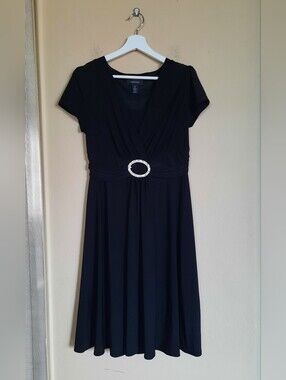 R&M Richards Black Short-Sleeve Midi Dress with Rhinestone Oval Buckle